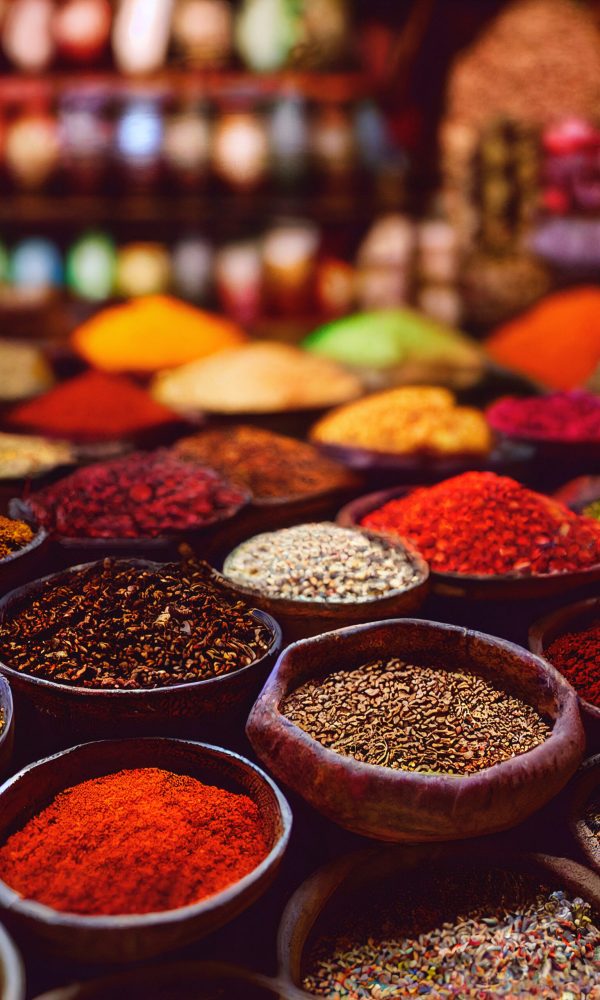 Colorful different spices in the spice market, 3D illustration