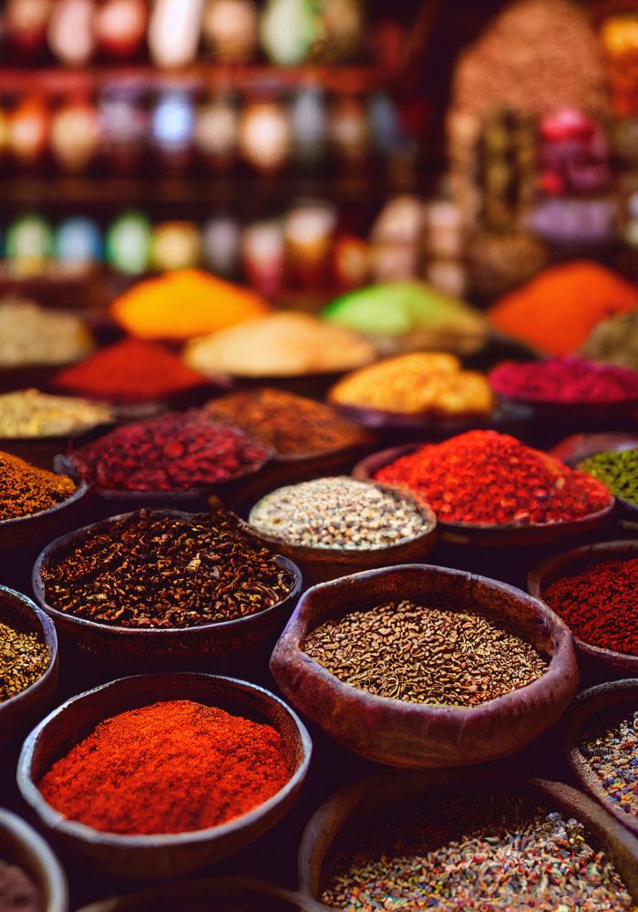 Colorful different spices in the spice market, 3D illustration