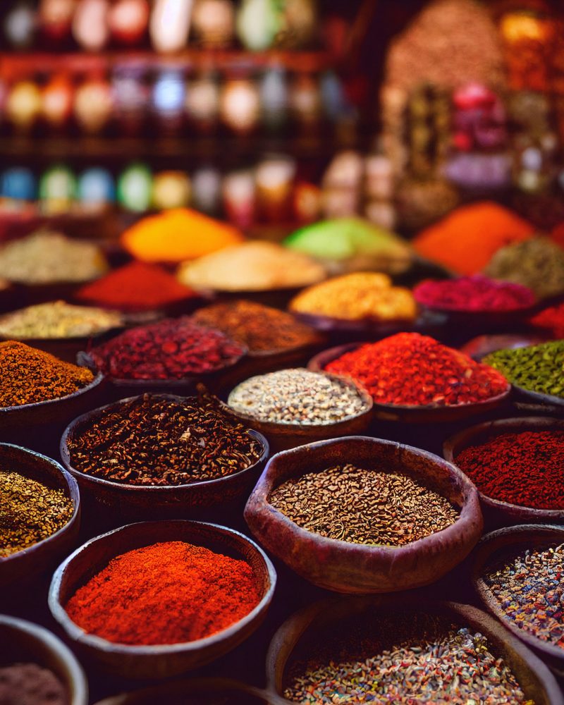 Colorful different spices in the spice market, 3D illustration